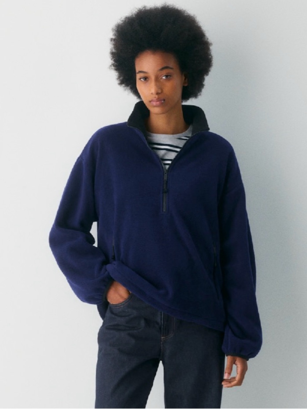 Quarter-Zip Fleece Pullover Sweater in Navy